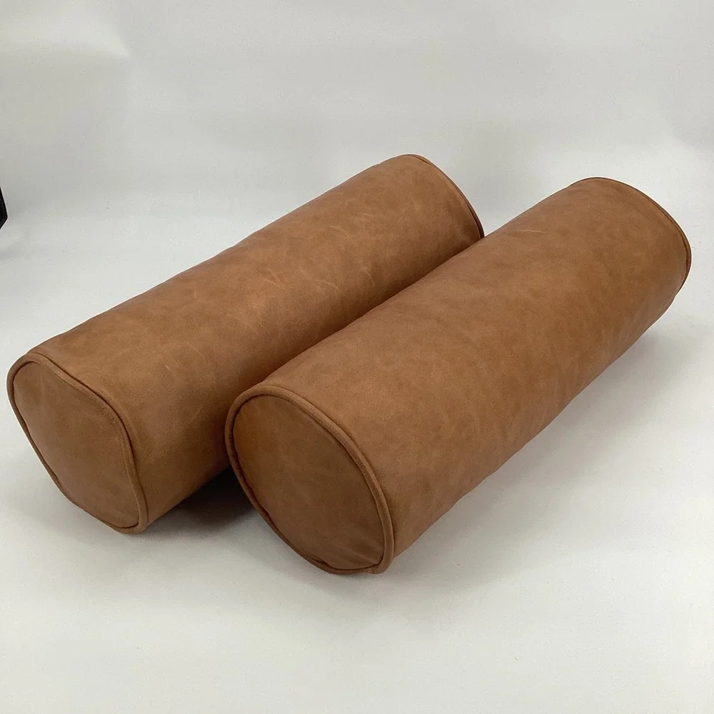 Poly and Bark Cognac Tan Italian Leather Bolster Pillows Set of 2 MCM 21x7.75